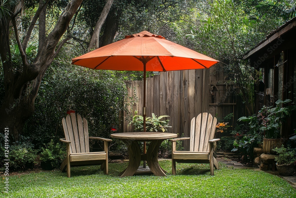 Round Wooden Table with Chairs and Umbrella in Mexican-Style Garden, Featuring Green Grass and Trees Under Natural Light Round Wooden Table with Chairs and Umbrella in Mexican-Style Garden, Featuring Green Grass and Trees Under Natural Light