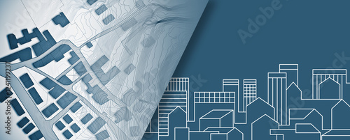 Building permit concept through an imaginary cadastral map and urban development plans - Building activity and construction industry concept with cityscape