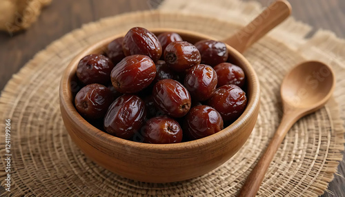 Sweet Juicy Dates in Wooden Bowl Healthy Snack photo