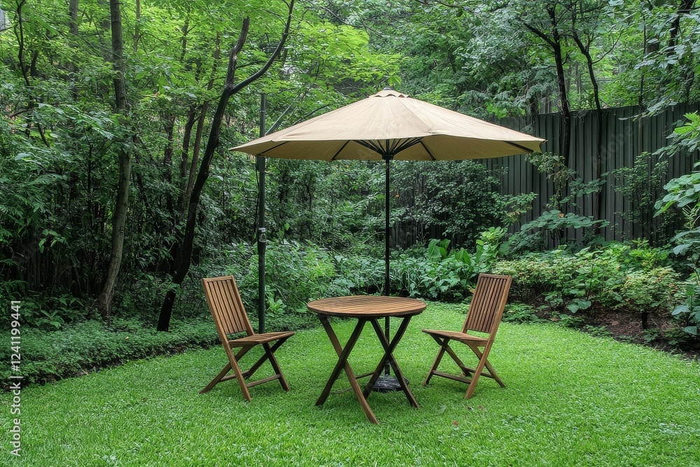 Round Wooden Table with Chairs and Umbrella in Mexican-Style Garden, Featuring Green Grass and Trees Under Natural Light Round Wooden Table with Chairs and Umbrella in Mexican-Style Garden, Featuring Green Grass and Trees Under Natural Light