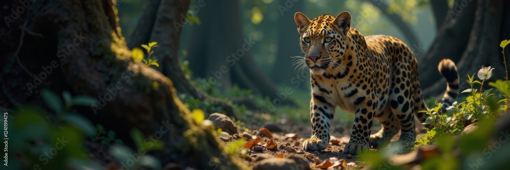 Fototapeta premium Leopard emerges from shadows with regal presence, forest, majestic, piercing blue