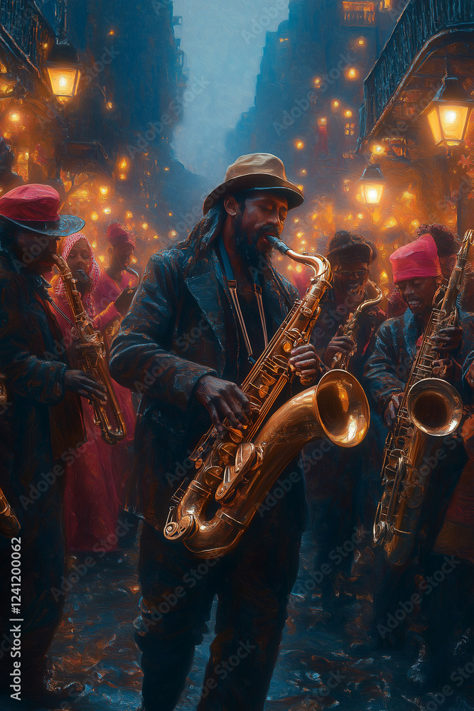 Obraz premium Illustration festive de musiciens de jazz jouant dans les rues de la Nouvelle-Orléans pendant Mardi Gras