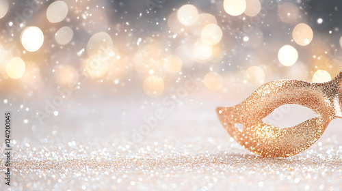 Close-up of a golden carnival mask with sparkling glitter and soft golden bokeh making a refined and enchanting scene perfect for advertising fashion campaigns and festive visuals. Selective focus photo