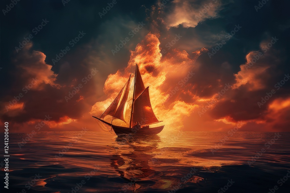 Fototapeta premium the AI Image Generator, Sailing Ship at Sunset With Dramatic Fiery