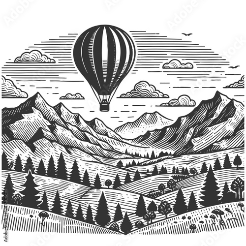 hot air balloon floating above a scenic mountain landscape with rolling hills, trees, and clouds sketch engraving generative ai vector illustration. Scratch board imitation. Black and white image.