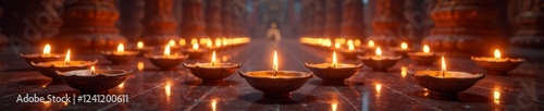 Intricate oil lamps arrangement in a temple setting , beautiful, Indian, oil lamp