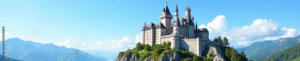 Hyper realistic photo of majestic castle walls and towers standing proudly against a clear blue sky, landscape photography, anatolian architecture, sunlit landscapes Hyper realistic photo of majestic castle walls and towers standing proudly against a clear blue sky, landscape photography, anatolian architecture, sunlit landscapes