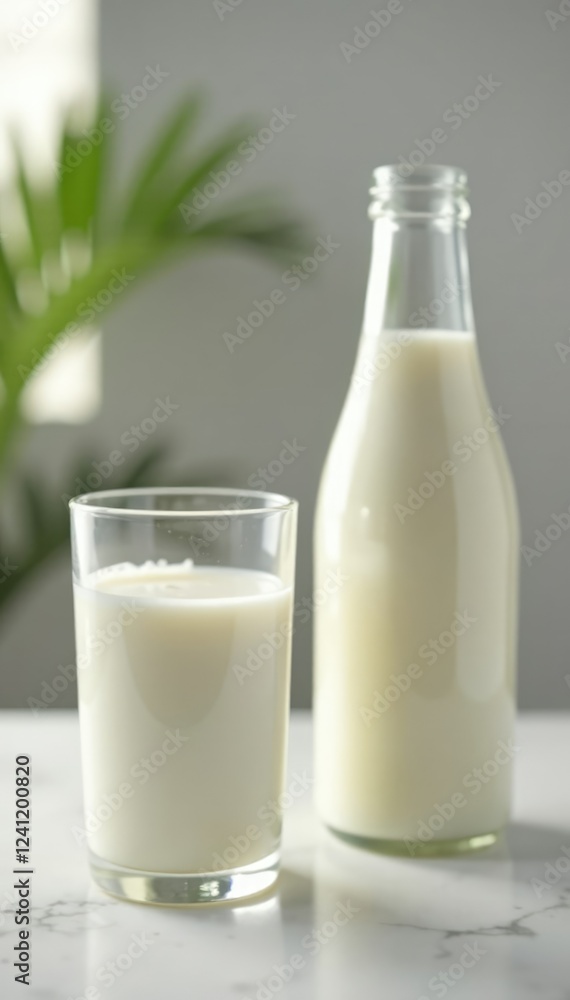 A glass of milk sits on a table next to an empty bottle, liquid, vessel A glass of milk sits on a table next to an empty bottle, liquid, vessel