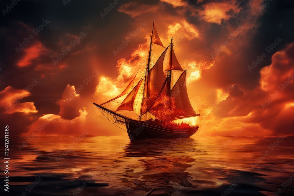 Obraz premium the AI Image Generator, Sailing Ship at Sunset With Dramatic Fiery