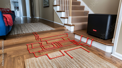 A cozy indoor staircase with wooden steps and a decorative carpet runner, emphasizing warm home decor, modern architecture, and stylish interior design for comfortable living spaces. photo