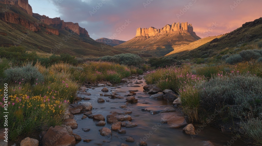 Serene Mountain Landscape at Sunset with Stream and Wildflowers Serene Mountain Landscape at Sunset with Stream and Wildflowers