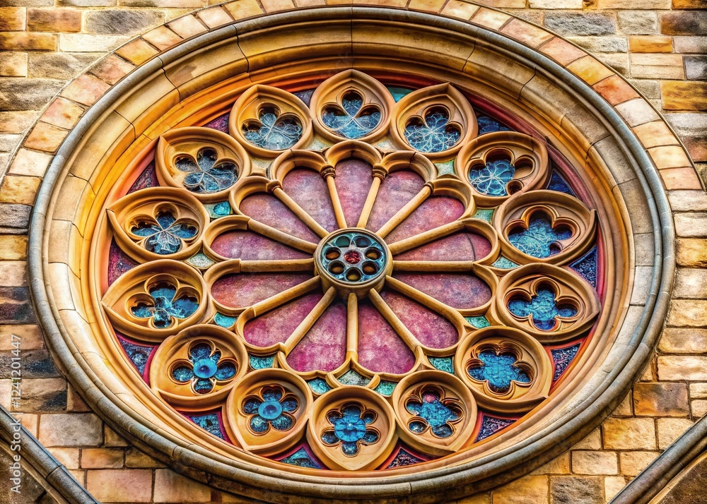 Obraz premium Rose Window Architectural Detail: Round & Triangular Design Elements, Candid Shot