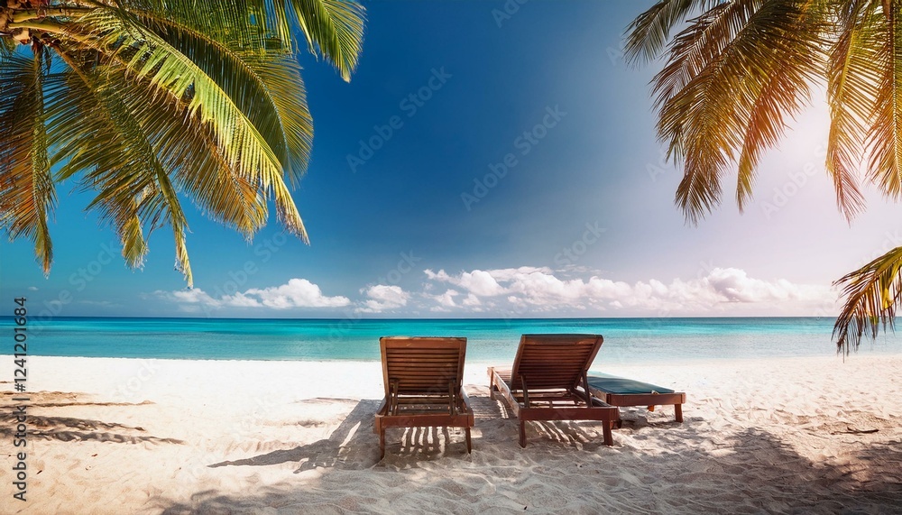 Obraz premium Tropical beach background as summer landscape with lounge chairs and palm trees and calm sea for beach banner