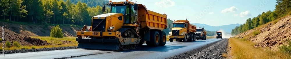 Large asphalt paver machine on road with heavy vehicles and workers in the background , asphalt paver machines, machinery on road, pavement layers Large asphalt paver machine on road with heavy vehicles and workers in the background , asphalt paver machines, machinery on road, pavement layers