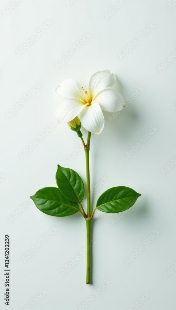 Fototapeta premium A single jasmine flower with its stem and leaves against a simple white background, flower, botanical, jasmine