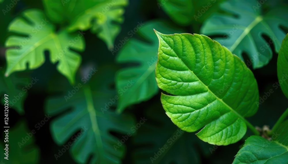 Obraz premium Colorful green tropical leaf on a natural background, foliage, tropical, botanical