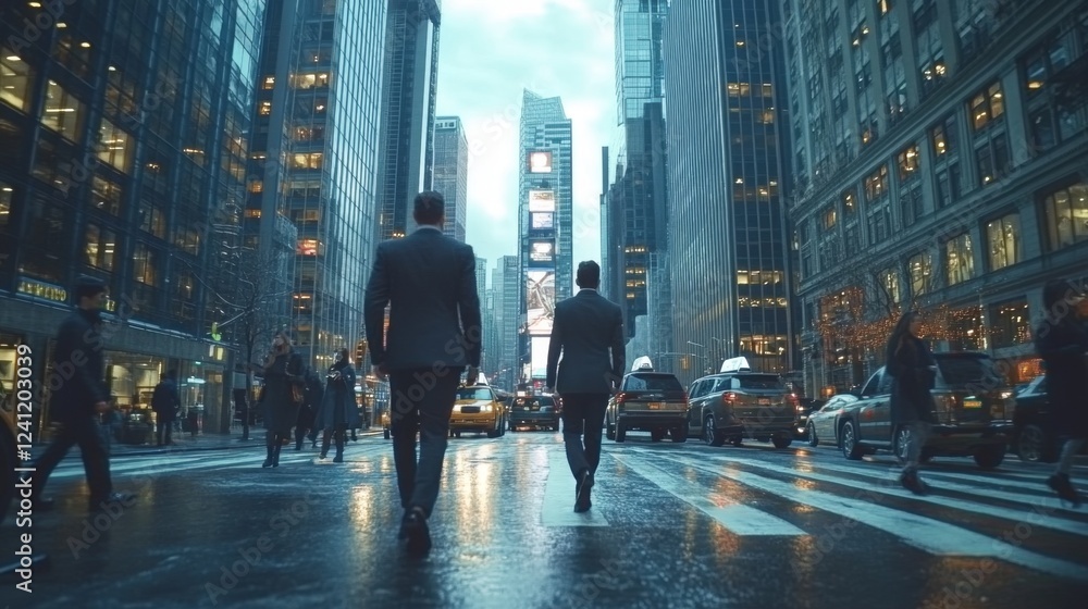 High-powered executives navigating a crowded city street, powerful expressions and posture, stunning modern skyscrapers as the backdrop High-powered executives navigating a crowded city street, powerful expressions and posture, stunning modern skyscrapers as the backdrop