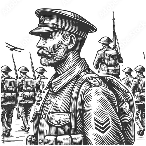 World War Veteran Soldier military sergeant with a mustache sketch engraving generative ai fictional character vector illustration. Scratch board imitation. Black and white image.