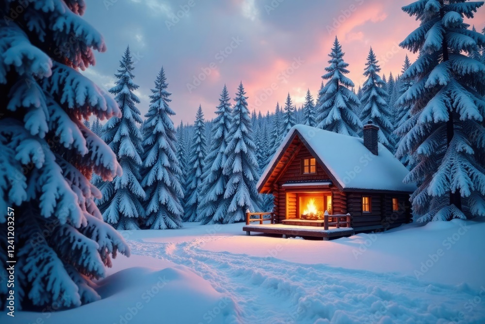 Fototapeta premium Cozy winter cabin with snow-covered trees and fireplace, cabin, serene landscape