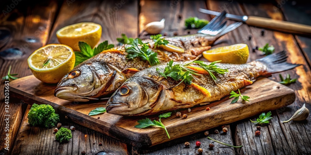 Obraz premium Rustic Grilled Fish Dinner: Lemon, Herbs & Urban Decay Background