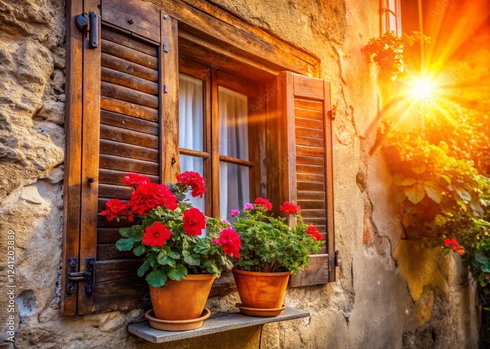 Naklejka premium Rustic House Window with Flowers, Wooden Shutters, Low Angle View - Stock Photo