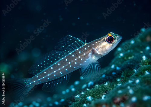 A tiny lanternfish with illuminated spots along its body swimming in a dark, bioluminescent world.