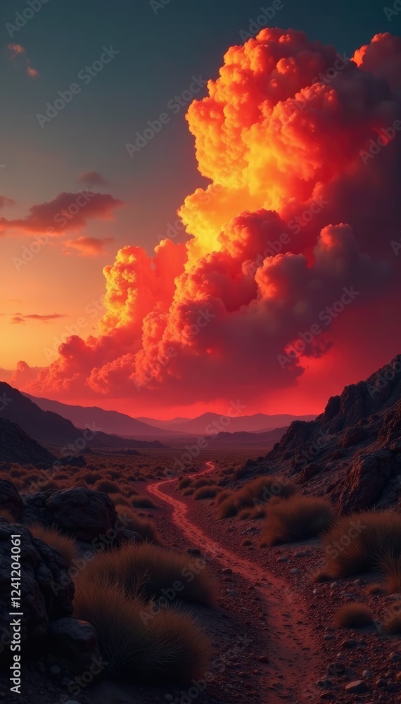 Obraz premium Fire clouds above a desolate wasteland at sunset, desert, fire clouds, ash