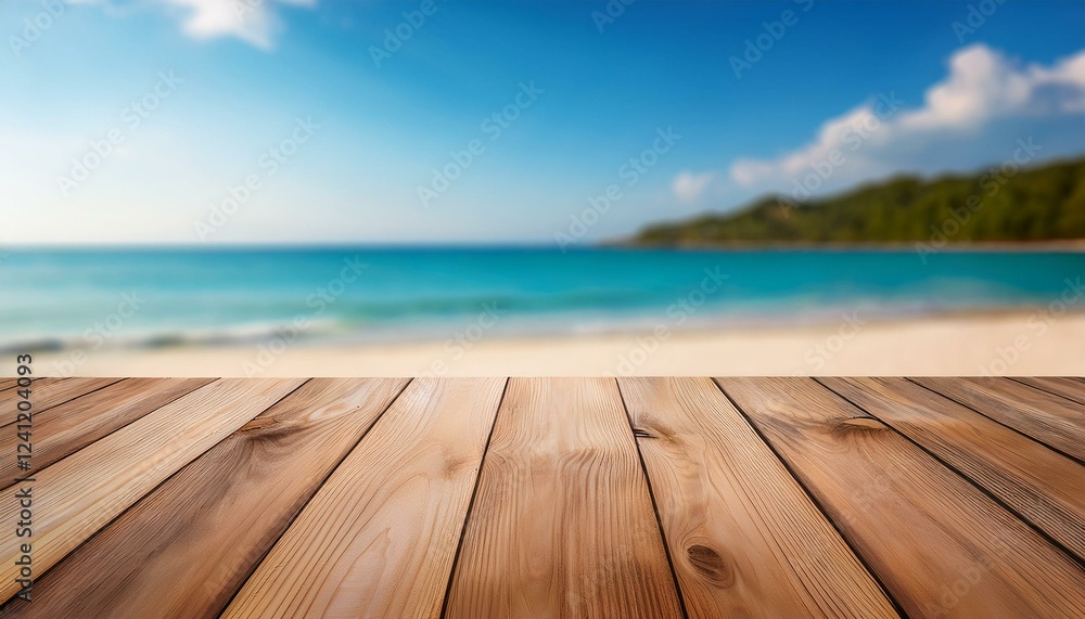 Empty Wooden Planks With Blur Beach And Sea On background Empty Wooden Planks With Blur Beach And Sea On background