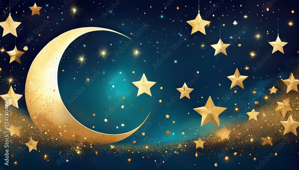 Naklejka premium Cute moon and stars wallpaper with golden sparkles and blue night tones