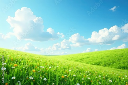 Fluffy clouds drift lazily across a serene meadow, clouds, white