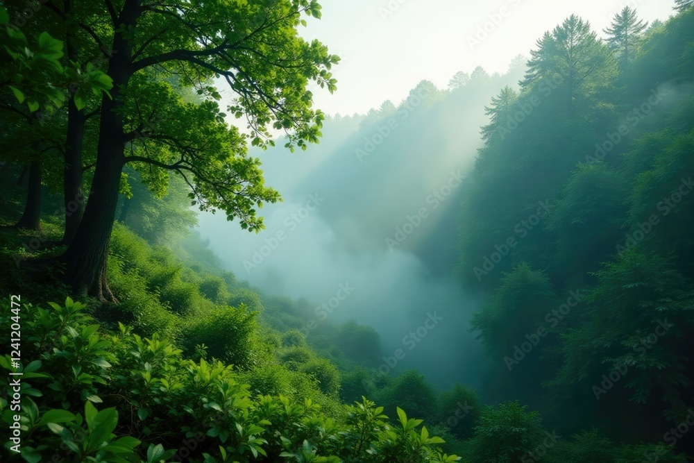 Fog swirling through the dense summer foliage of a forest, woods, foliage Fog swirling through the dense summer foliage of a forest, woods, foliage