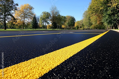 Road marking on brand new asphalt surface of a parking lot, yellow and white lines as abstract background , isolated on white background,  , copy space for text,