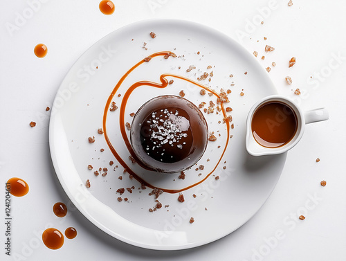 Dark chocolate sphere with warm caramel sauce and sea salt crumbles, served on a white plate. Hot caramel jug ready for dramatic melting effect. Fine art food photography with controlled lighting. photo