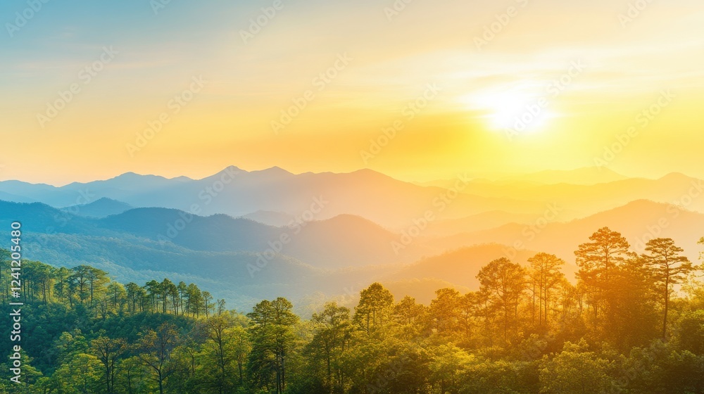 Obraz premium Serene Sunrise Over Rolling Hills and Lush Forest Landscape