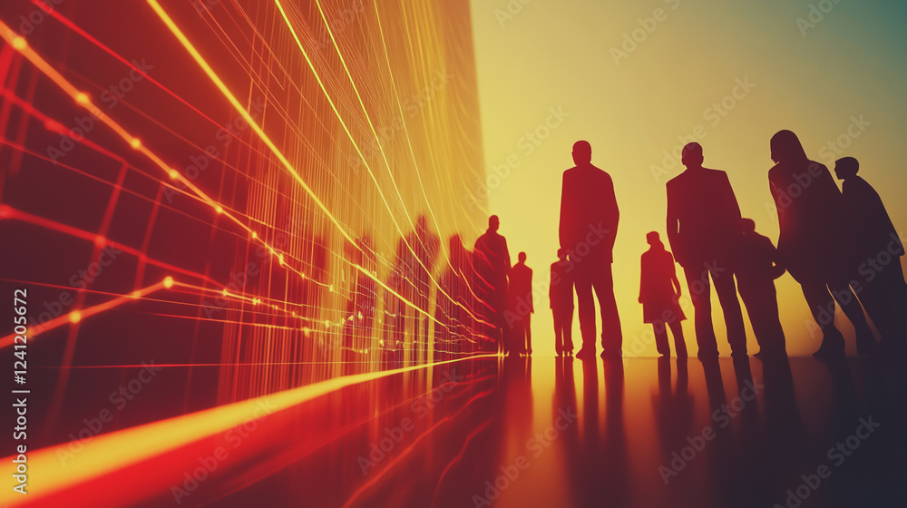 Fototapeta premium Group of business people silhouettes in modern office building and business network concept. Human resources with pastel innovation charts and graphs with statistics to analyze business 