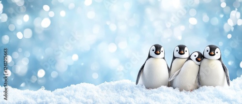 A charming scene of four penguins gathered on snowy ground, set against a soft blue background with sparkling bokeh effects.