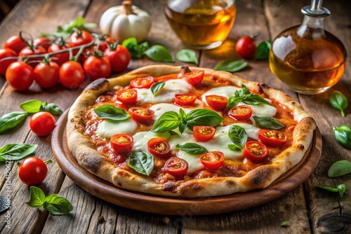 Rustic Wooden Table Artisan Pizza Fresh Basil Tomatoes Mozzarella Cheese