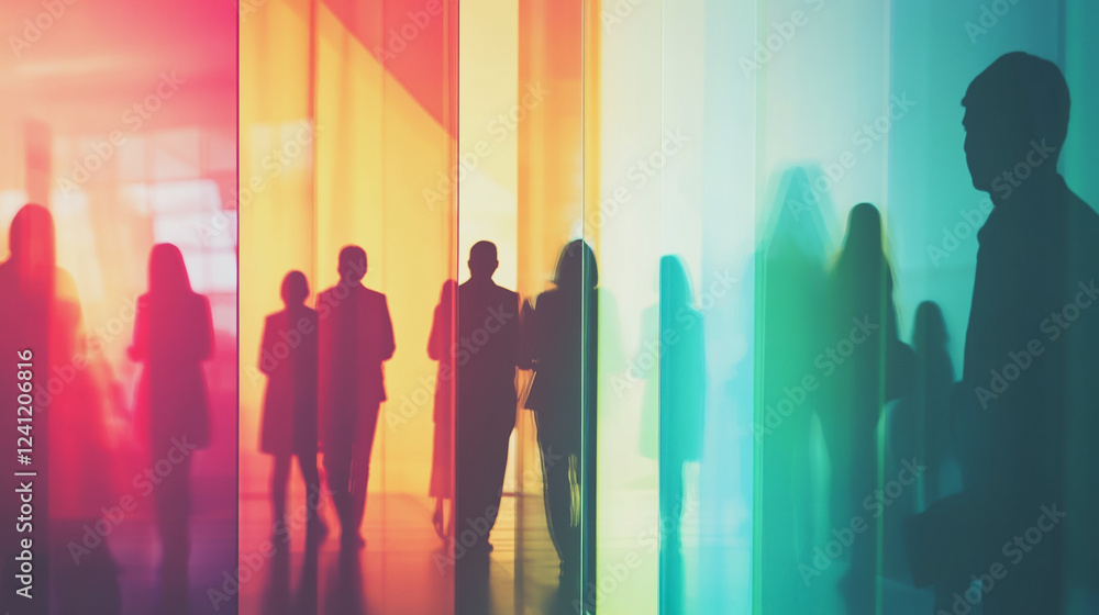 Group of business people silhouettes in modern office building and business network concept. Human resources with pastel innovation charts and graphs with statistics to analyze business Group of business people silhouettes in modern office building and business network concept. Human resources with pastel innovation charts and graphs with statistics to analyze business