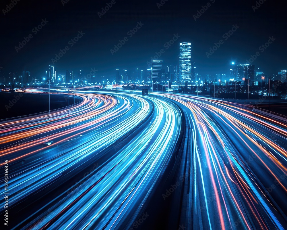 Night view of a glowing smart city with streets lit by renewable energy solutions Night view of a glowing smart city with streets lit by renewable energy solutions
