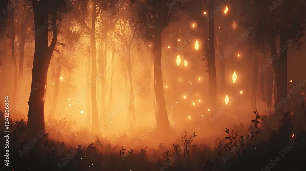 A soft apricot light glowing through a misty forest, creating an ethereal and magical atmosphere. A soft apricot light glowing through a misty forest, creating an ethereal and magical atmosphere.