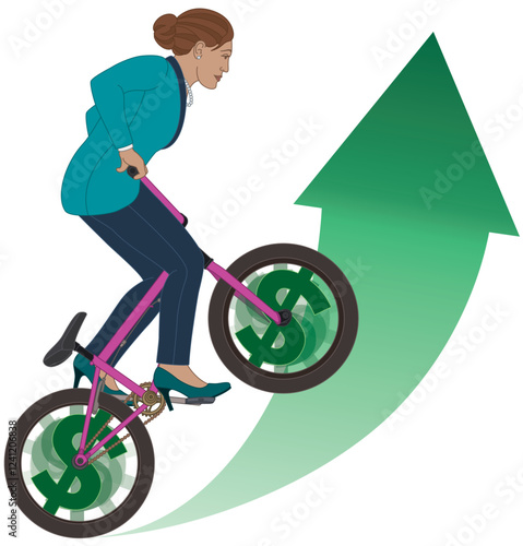 business woman, BMX bike concept of riding upward on a growth arrow with spinning dollar sign in the wheels, isolated on a white background