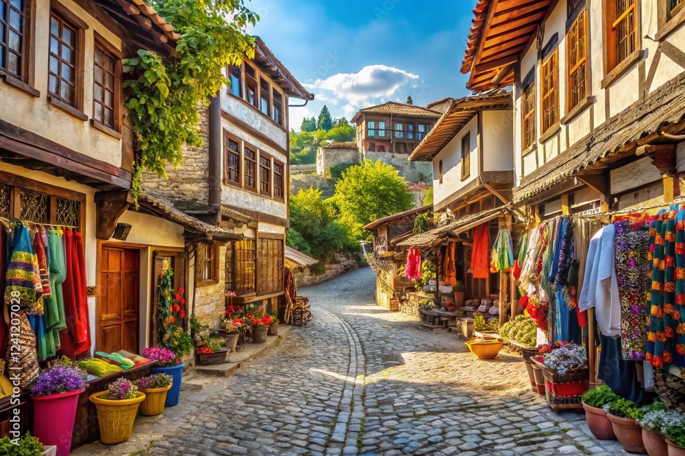 Fototapeta premium Safranbolu Turkey: Old Bazaar Street, Historical Ottoman Architecture, Colorful Houses, Traditional Turkish Market