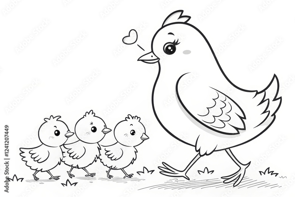 farm theme, Cute mother bird walking with three little chicks in a playful scene. outline for coloring. farm theme, Cute mother bird walking with three little chicks in a playful scene. outline for coloring.