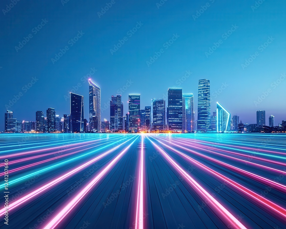 Obraz premium Night view of a glowing smart city with streets lit by renewable energy solutions