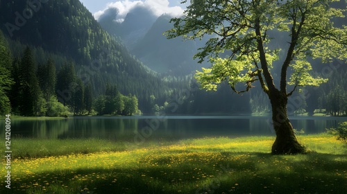 Idyllische Naturkulisse mit Baum am ruhigen See – Friedliche Landschaft in perfekter Harmonie
 photo