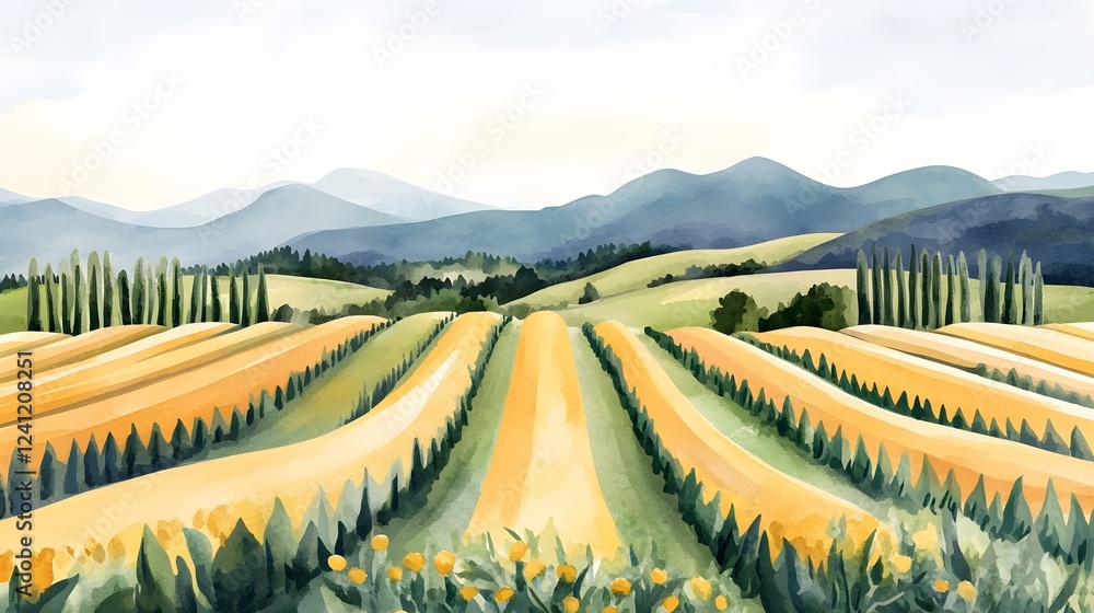 Fototapeta premium Expansive Solar Farm Landscape in Watercolor Style