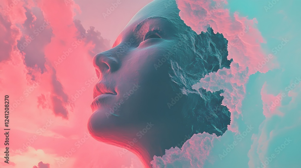 Fototapeta premium Dreamlike Face Emerging From Pink And Teal Clouds