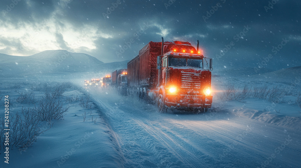 A convoy of trucks crossing a snowy plateau, their bright lights reflecting on icy terrain A convoy of trucks crossing a snowy plateau, their bright lights reflecting on icy terrain