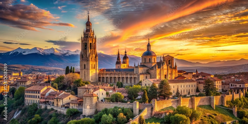 Obraz premium Segovia Cathedral Bell Tower Time Lapse 4K - Ancient Spanish City Skyline