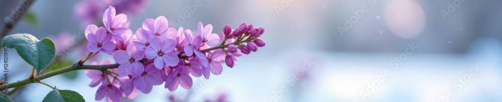 Lilac stem with delicate purple flowers on a snowy background, garden, stem Lilac stem with delicate purple flowers on a snowy background, garden, stem
